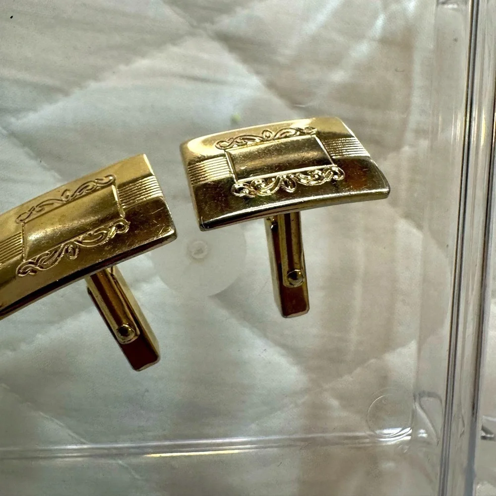 Mens Gold Tone Cufflinks Rectangle Unique Classic Vintage